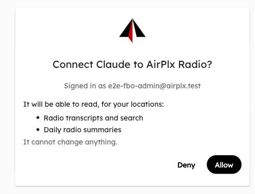 The AirPlx consent screen: "Connect Claude to AirPlx Radio?", showing the signed-in account, what the assistant will be able to read, and Deny / Allow buttons