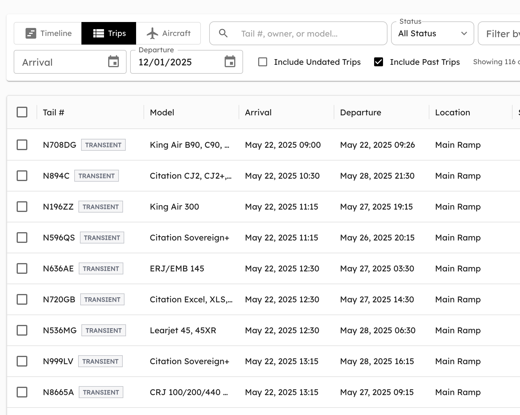 Trip on the AirPlx schedule with the blue "Email" source chip, confirming it came from an FBO One handling email