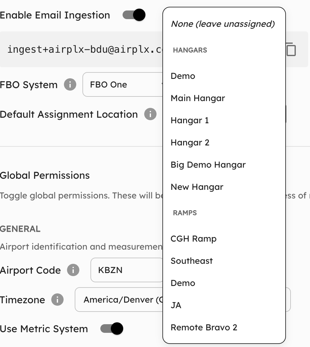 Default Location dropdown in the Email Ingestion section