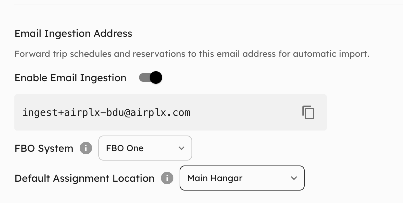Settings → Configuration showing Email Ingestion enabled with the ingestion address and FBO System dropdown set to FBO One