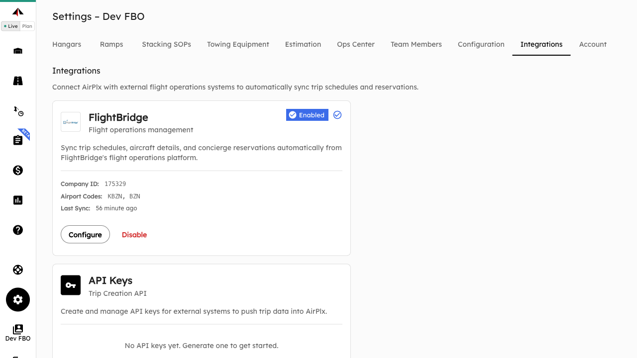 FlightBridge integration enabled in Settings, with Company ID and Airport Codes configured