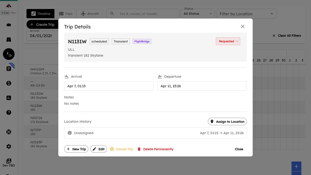Trip detail showing the FlightBridge badge, confirming the trip was synced automatically
