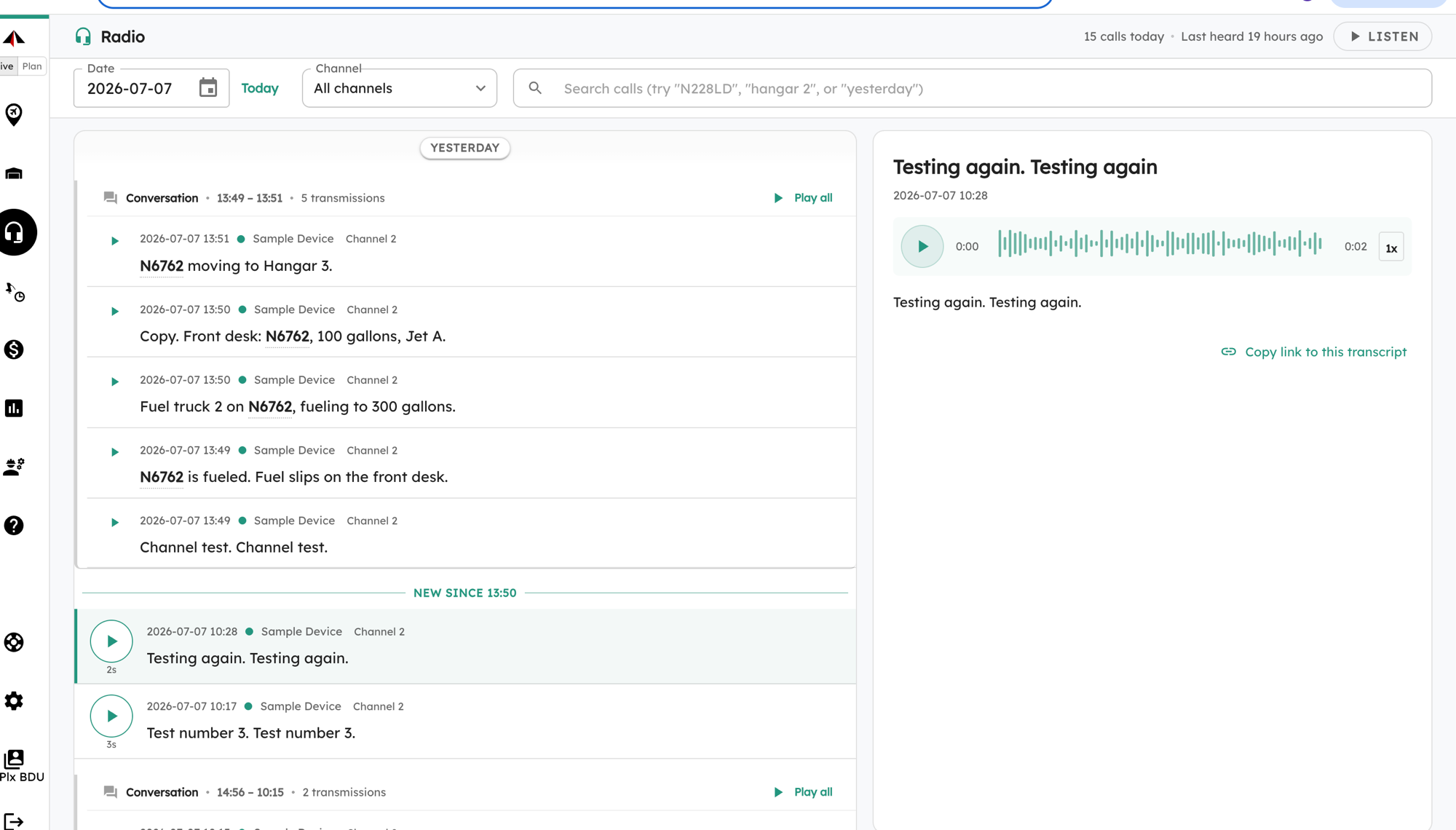 The Radio Log: a searchable, conversation-grouped transcript list on the left and a detail inspector on the right